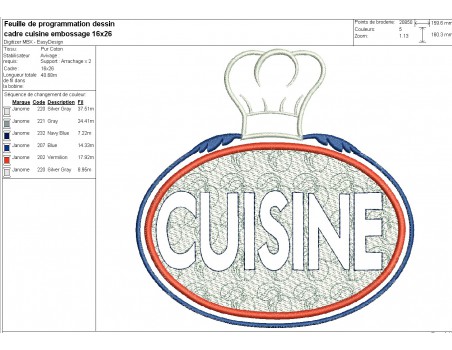 Motif de broderie machine  texte cuisine en embossage