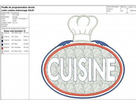 Motif de broderie machine  texte cuisine en embossage