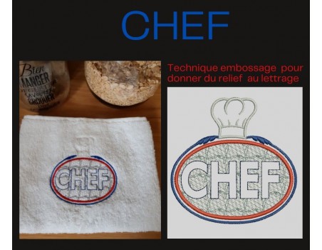 machine embroidery design chef text embossed
