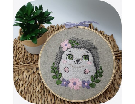 machine embroidery design  hedgehog with flowers