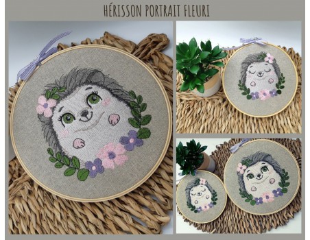 machine embroidery design  hedgehog with flowers