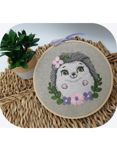 machine embroidery design  hedgehog with flowers