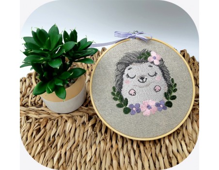 machine embroidery design  sleeping hedgehog with flowers