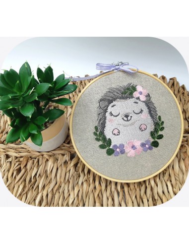machine embroidery design  sleeping hedgehog with flowers