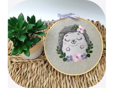 machine embroidery design  sleeping hedgehog with flowers