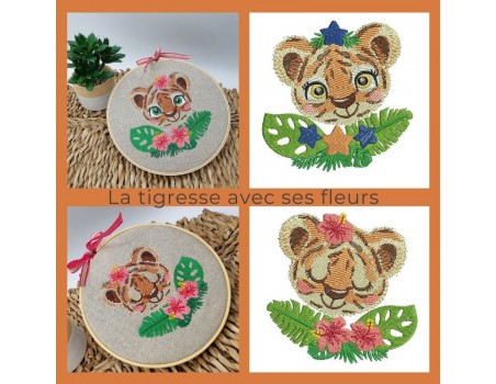 machine embroidery design  sleeping tigress  with flowers
