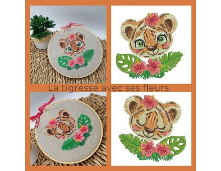 machine embroidery design tigress  with flowers