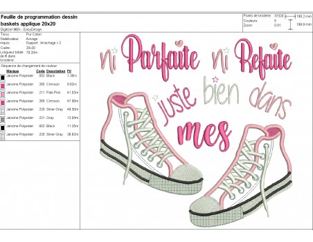 Motif de broderie machine texte et  baskets en appliqué