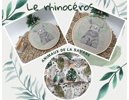 Motif de broderie machine rhinocéros savane