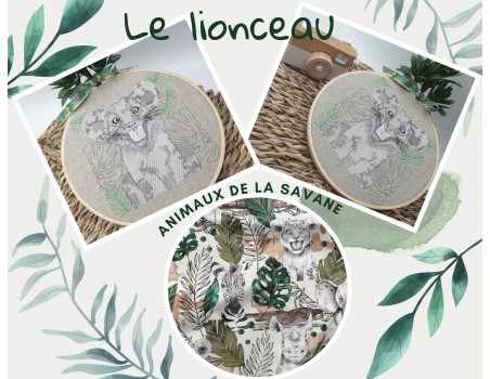 Motif de broderie machine lionceau savane