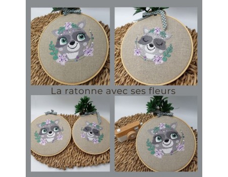 Motif de broderie machine ratonne  endormie avec ses fleurs