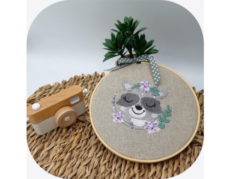 machine embroidery design  sleeping raccoon  with flowers