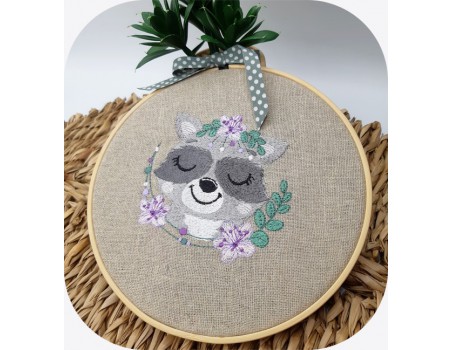 machine embroidery design  sleeping raccoon  with flowers