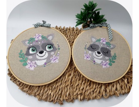 machine embroidery design  sleeping raccoon  with flowers