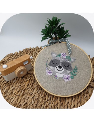 machine embroidery design  sleeping raccoon  with flowers