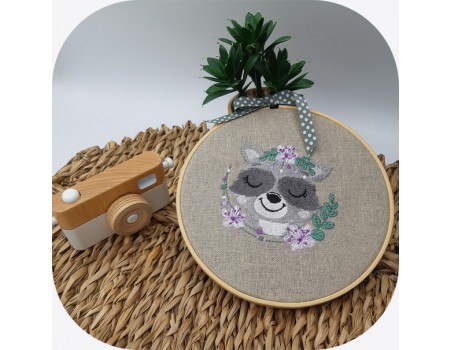 machine embroidery design  sleeping raccoon  with flowers