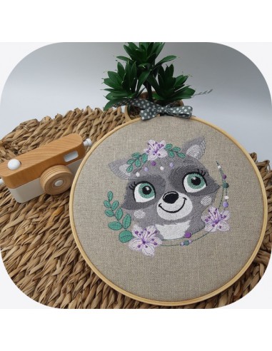 machine embroidery design raccoon with flowers