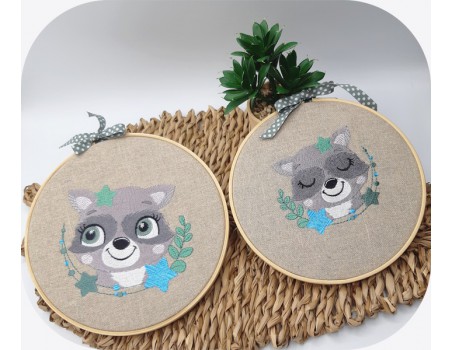 machine embroidery design  sleeping raccoon  with star