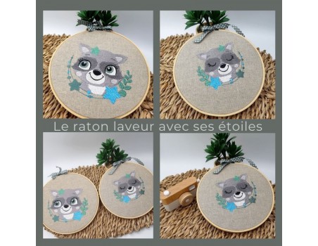 machine embroidery design  sleeping raccoon  with star