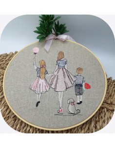 Motif de broderie machine  mère avec sa fille et son fils