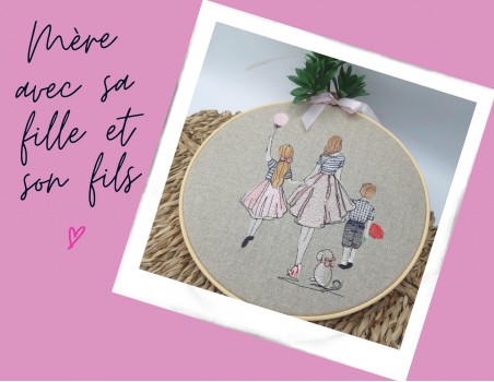 Motif de broderie machine  mère avec sa fille et son fils