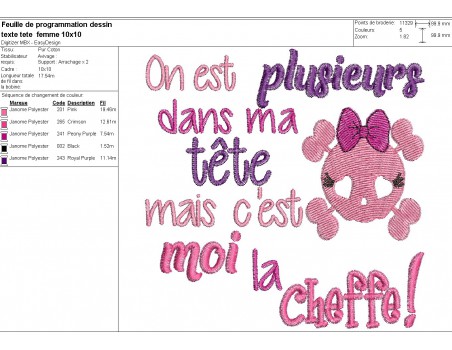 Motif de broderie machine  texte tête cheffe