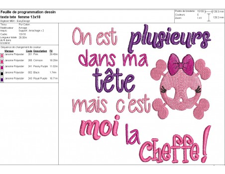 Motif de broderie machine  texte tête cheffe