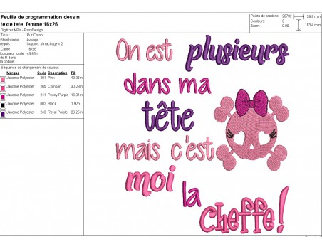 Motif de broderie machine  texte tête cheffe