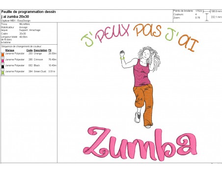 Motif de broderie machine  j'peux pas j'ai zumba