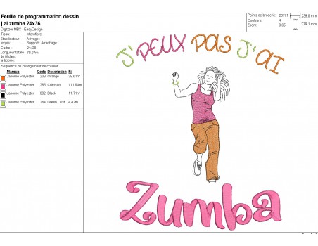 Motif de broderie machine  j'peux pas j'ai zumba