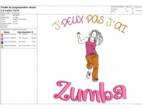 Motif de broderie machine  j'peux pas j'ai zumba