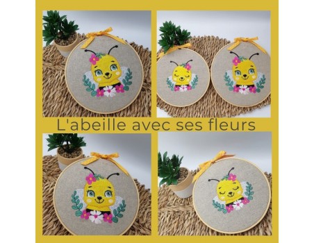 Motif de broderie machine l'abeille avec ses fleurs