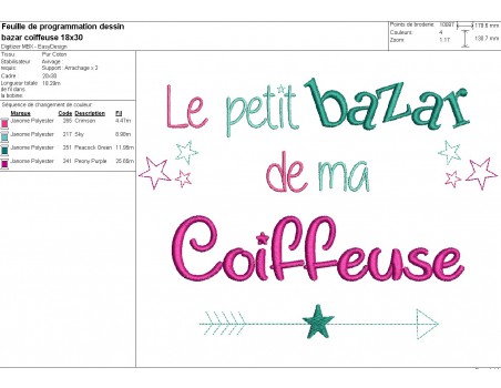 Motif de broderie texte bazar de coiffeuse