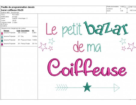 Motif de broderie texte bazar de coiffeuse