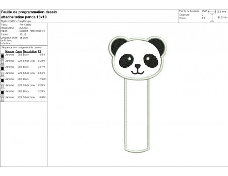 machine embroidery design  panda pacifier clip ITH