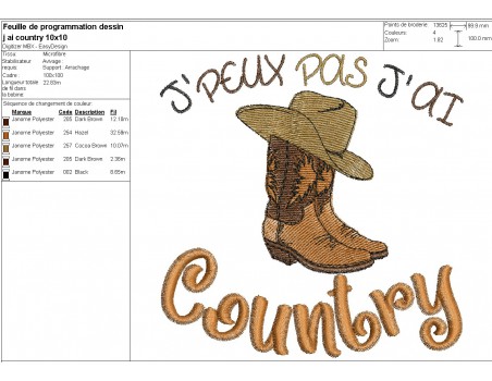 Motif de broderie machine  j'peux pas j'ai country