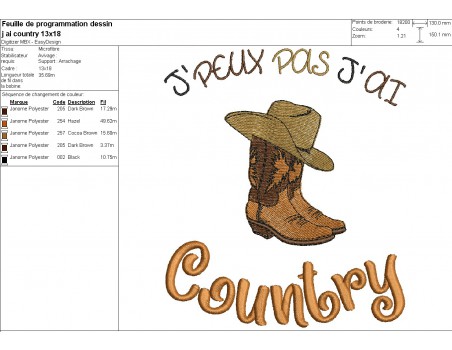 Motif de broderie machine  j'peux pas j'ai country