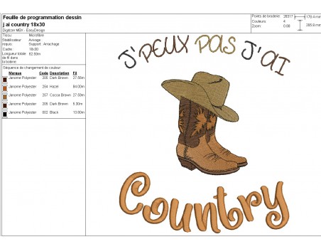 Motif de broderie machine  j'peux pas j'ai country