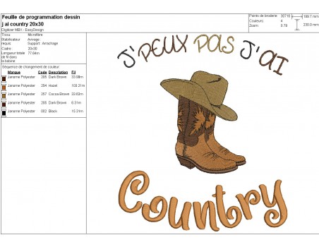 Motif de broderie machine  j'peux pas j'ai country