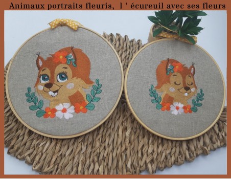 Motif de broderie machine écureuil endormie avec ses fleurs