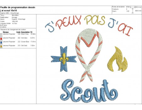 Motif de broderie machine  j'peux pas j'ai scout