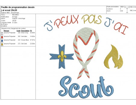 Motif de broderie machine  j'peux pas j'ai scout