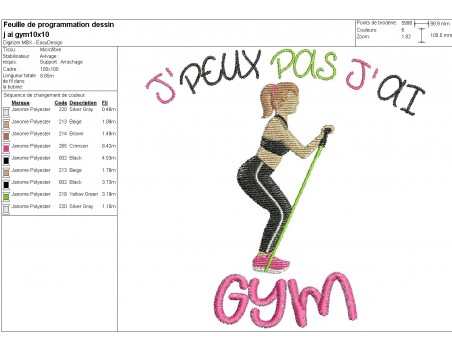 Motif de broderie machine  j'peux pas j'ai gym