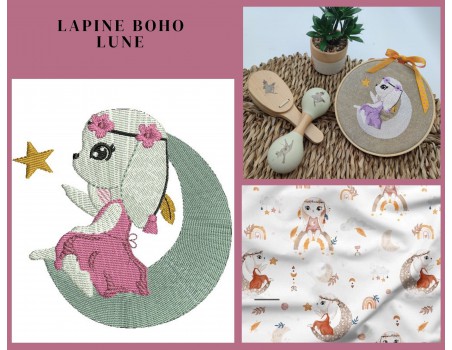 Motif de broderie machine  lapine sur la lune