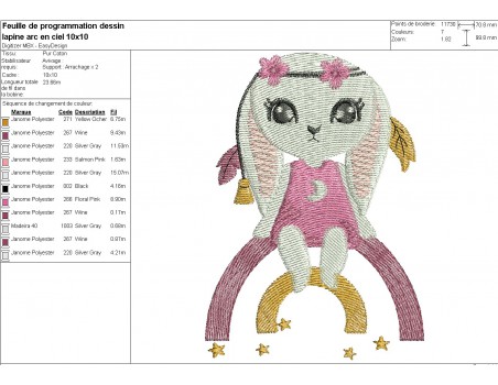 Motif de broderie machine  lapine sur l'arc en ciel