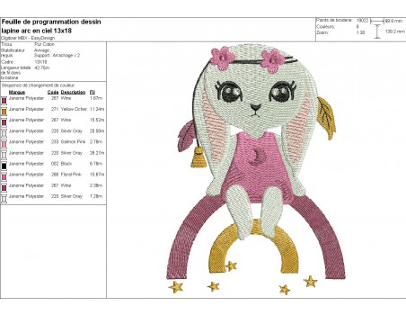 Motif de broderie machine  lapine sur l'arc en ciel