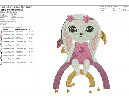 Motif de broderie machine  lapine sur l'arc en ciel
