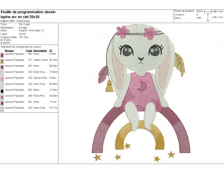 Motif de broderie machine  lapine sur l'arc en ciel