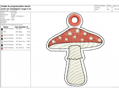 machine embroidery ith  red mushrooms keychain