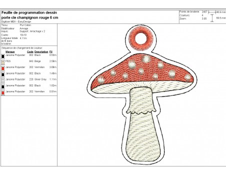 machine embroidery ith  red mushrooms keychain